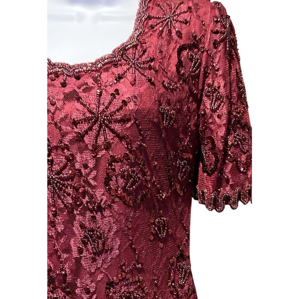 Vintage SCALA Burgundy Sequin Beaded Dress – Lace Sleeve Evening Gown Women’s S
